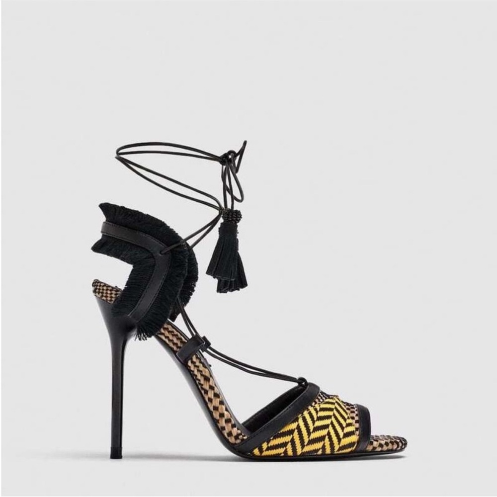 Zara Trafaluc Black and Yellow Fringe Lace-Up Stiletto Sandals